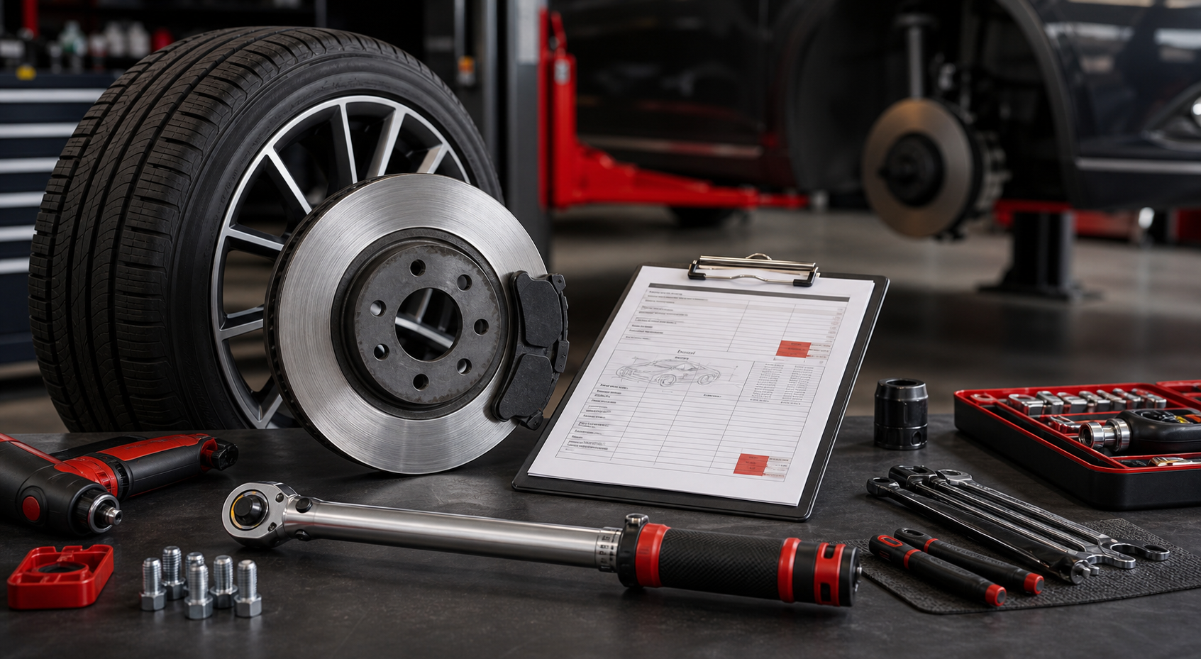 Generated placeholder image of tyre, brake, and inspection tools in a workshop.